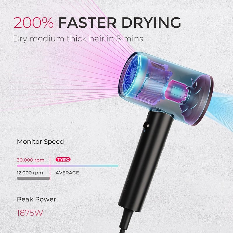 TYMO Diffuser Hair Dryer Blow Dryer - 300 Million Ionic Hairdryer with Diffuser & Comb Attachment for Curly Hair, Professional Blowdryer for Women, Cool Air Button, Small Travel Lightweight, Black - Image 2